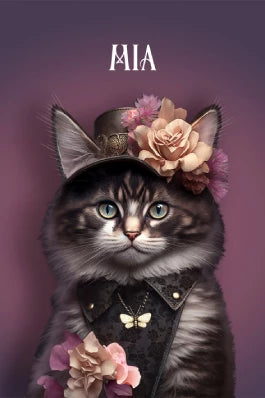 Grey, black, and white kitten wearing a floral steampunk-inspired hat and a black vest, adorned with a butterfly necklace, while holding pink and peach flowers.